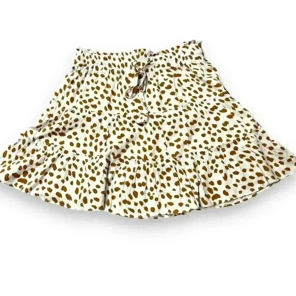 Two Little Sisters Brown and White Animal Print Drawstring Waist Mini Skirt